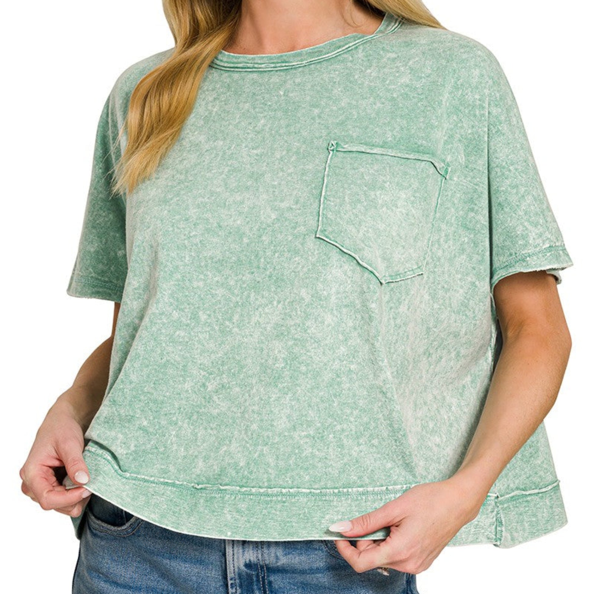 Front view of Zenana Halo Washed Oversized Top in Dark Green showing the relaxed fit.
