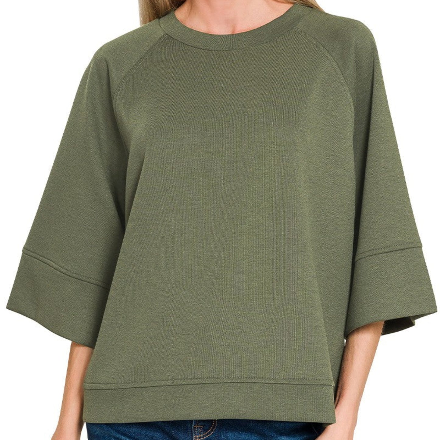 Front view of the Zenana Scuba 3/4 Sleeve Pullover in Dark Olive.