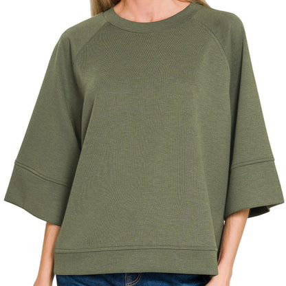 Front view of the Zenana Scuba 3/4 Sleeve Pullover in Dark Olive.