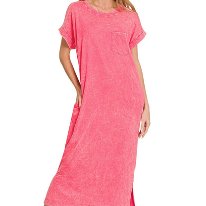 Front view of a woman wearing the Zenana fuchsia washed T-shirt dress with side pockets.