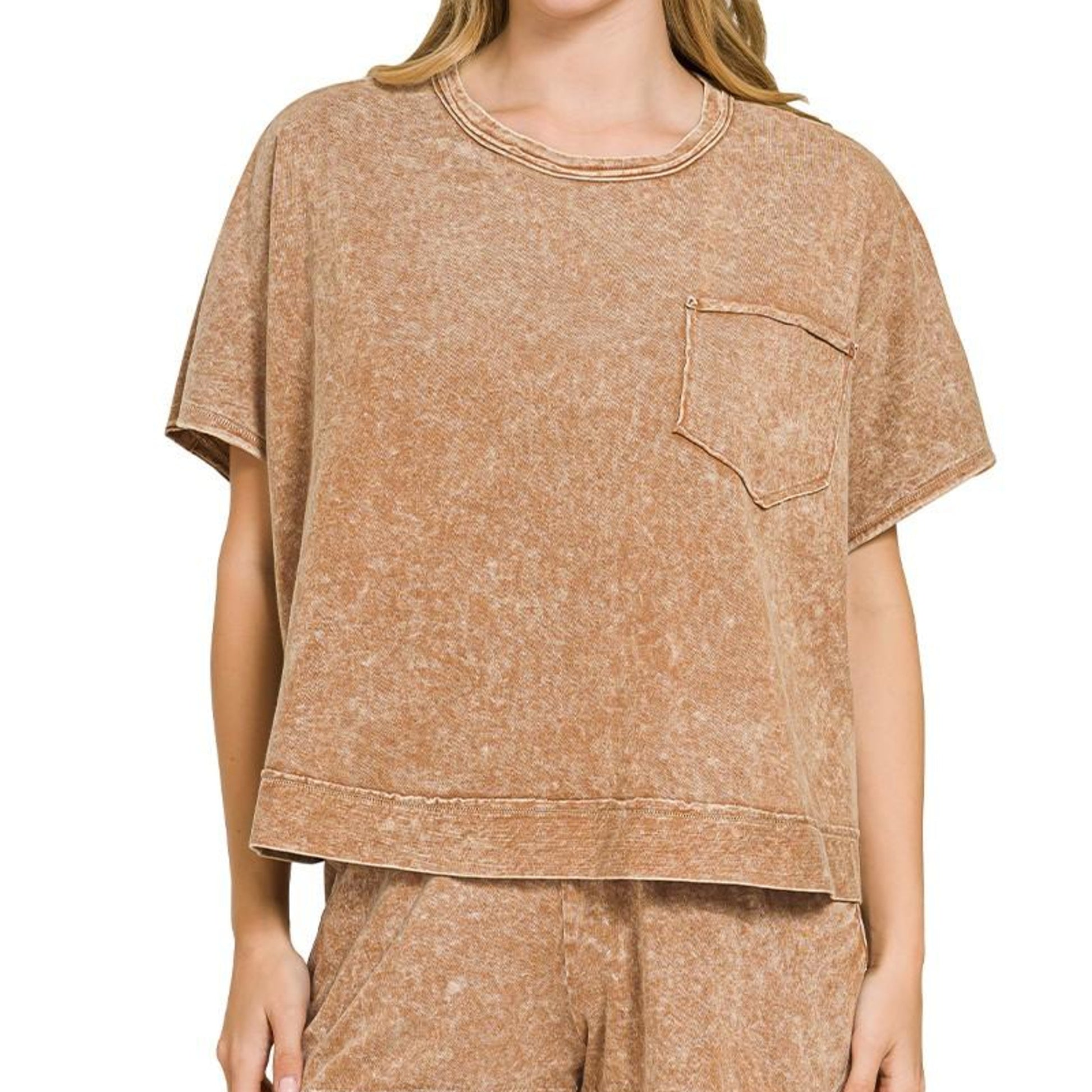 Detailed view of the vintage snow-wash finish and front pocket on the brown Zenana set.