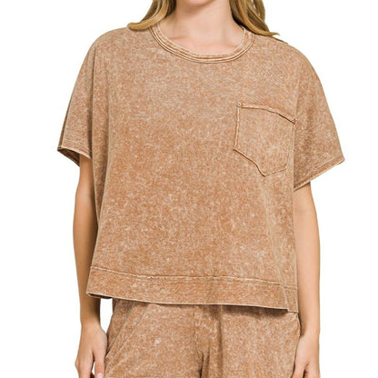 Detailed view of the vintage snow-wash finish and front pocket on the brown Zenana set.