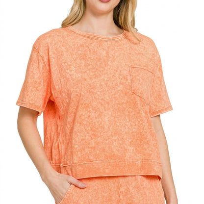 ront view of Zenana Halo Snow Washed Boxy Top and Shorts Set in Orange.
