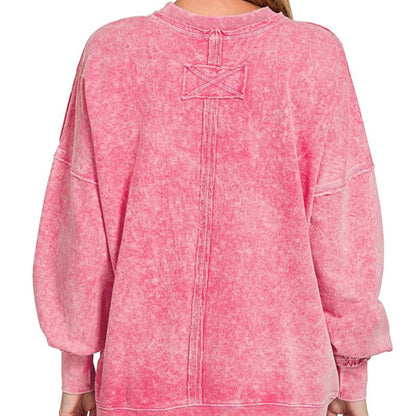 Back view of Zenana halo washed French terry exposed seam sweatshirt red oversized boutique pullover