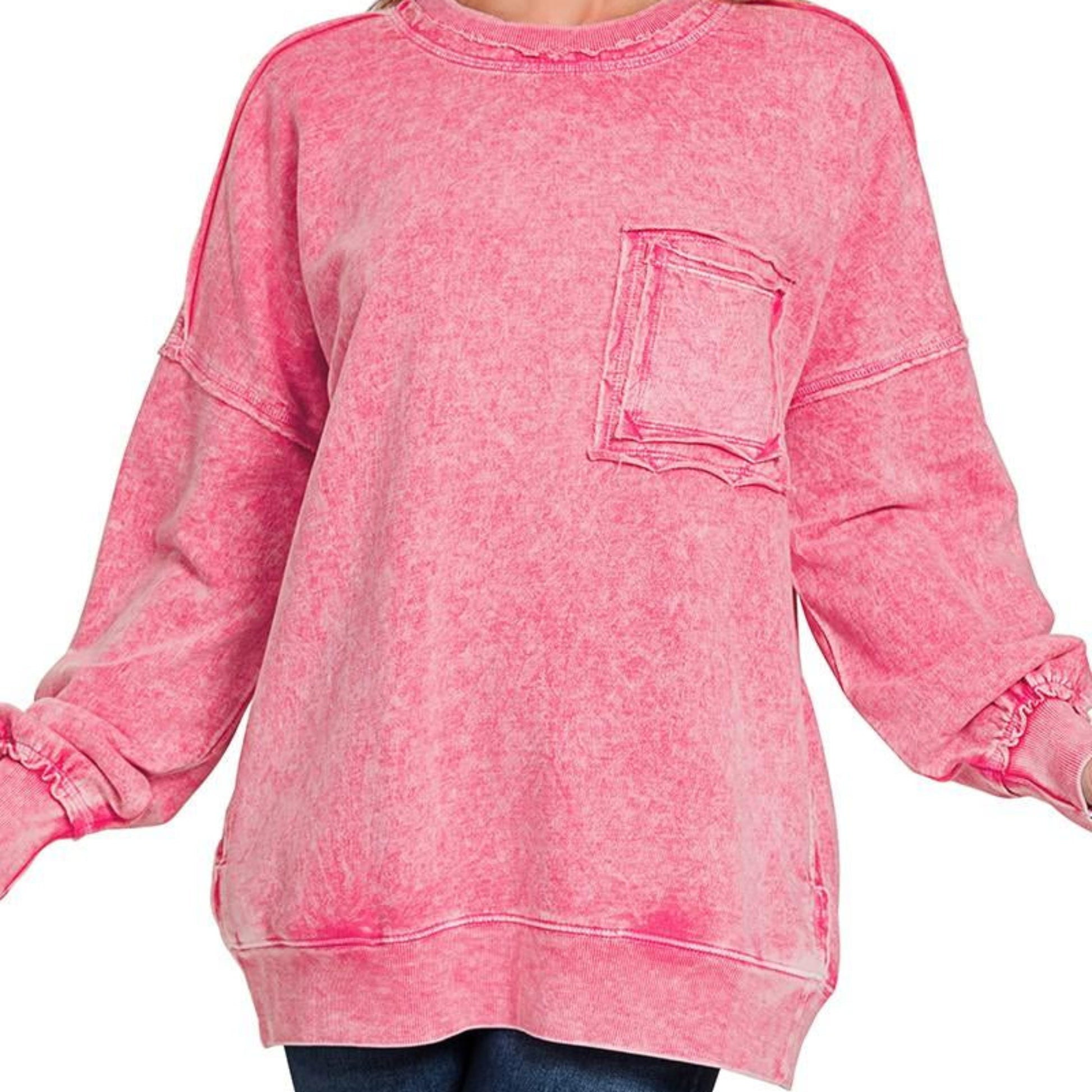 Zenana halo washed French terry exposed seam sweatshirt red front view oversized boutique pullover