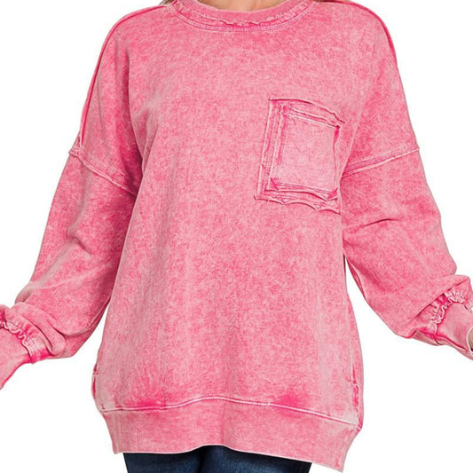 Zenana halo washed French terry exposed seam sweatshirt red front view oversized boutique pullover