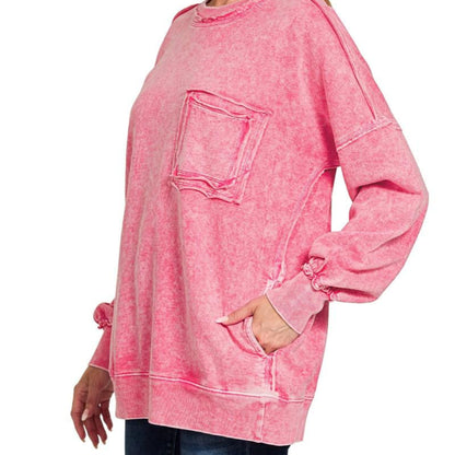 Zenana halo washed French terry sweatshirt red side view oversized boutique pullover with pocket