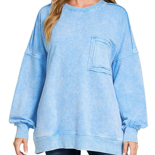 Zenana halo washed French terry exposed seam sweatshirt sky blue front view oversized boutique pullover