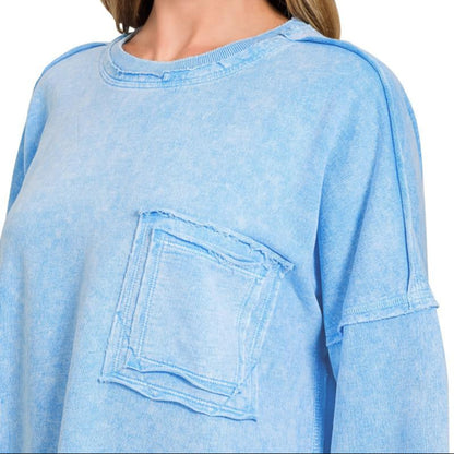 Close up of Zenana halo washed French terry sweatshirt pocket detail sky blue boutique pullover
