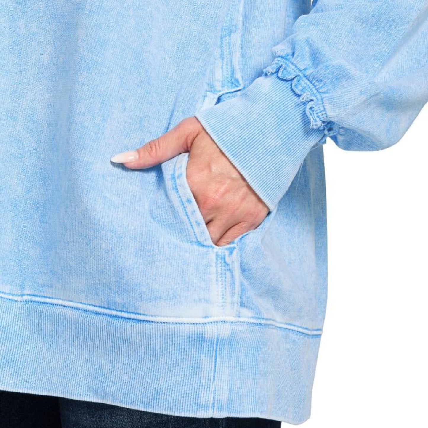 Zenana halo washed French terry sweatshirt sky blue pocket detail exposed seam boutique pullover