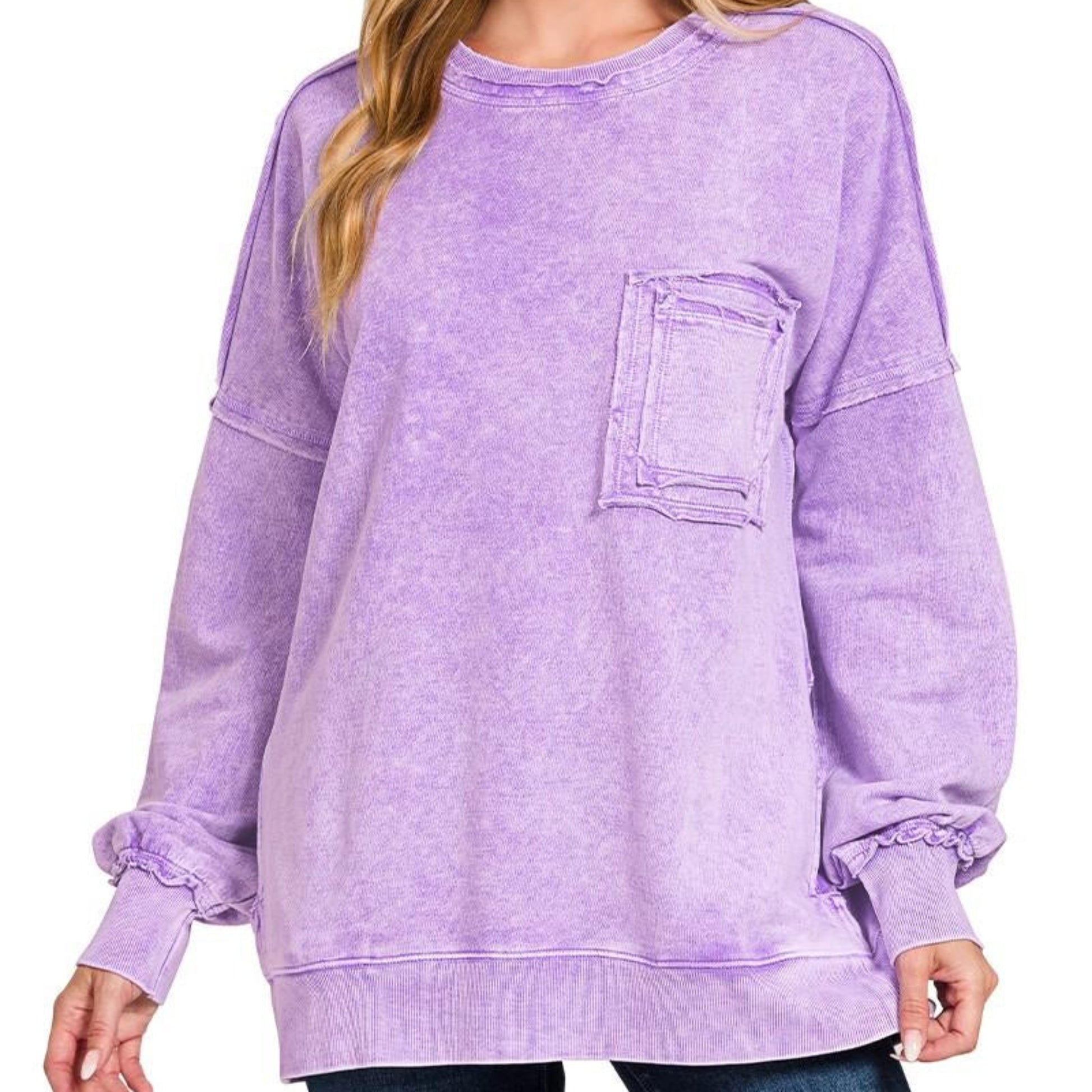 zenana halo washed French terry exposed seam sweatshirt violet front view oversized boutique pullover