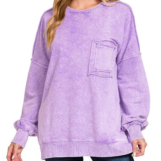 zenana halo washed French terry exposed seam sweatshirt violet front view oversized boutique pullover