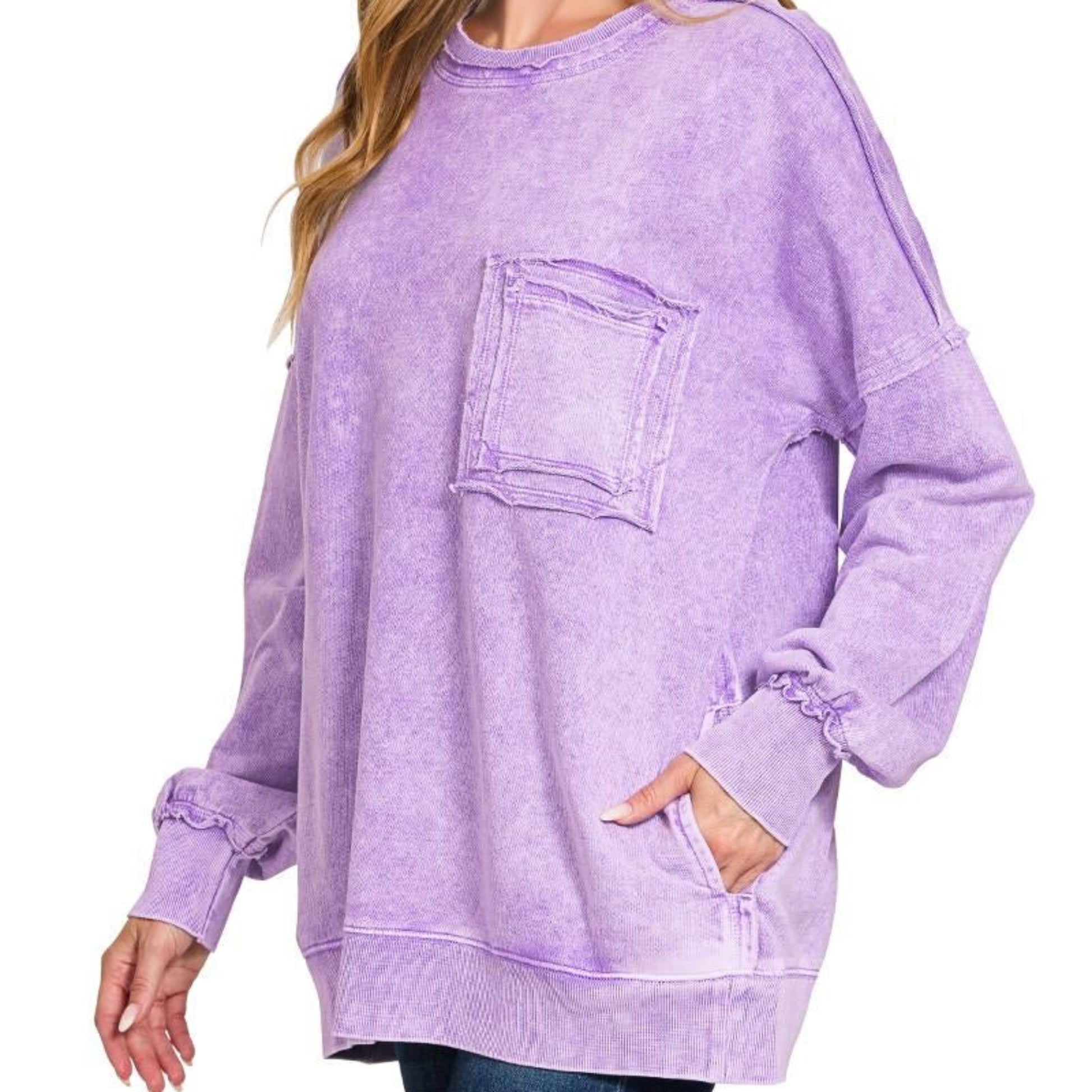 Zenana halo washed French terry exposed seam sweatshirt violet side view oversized boutique pullover