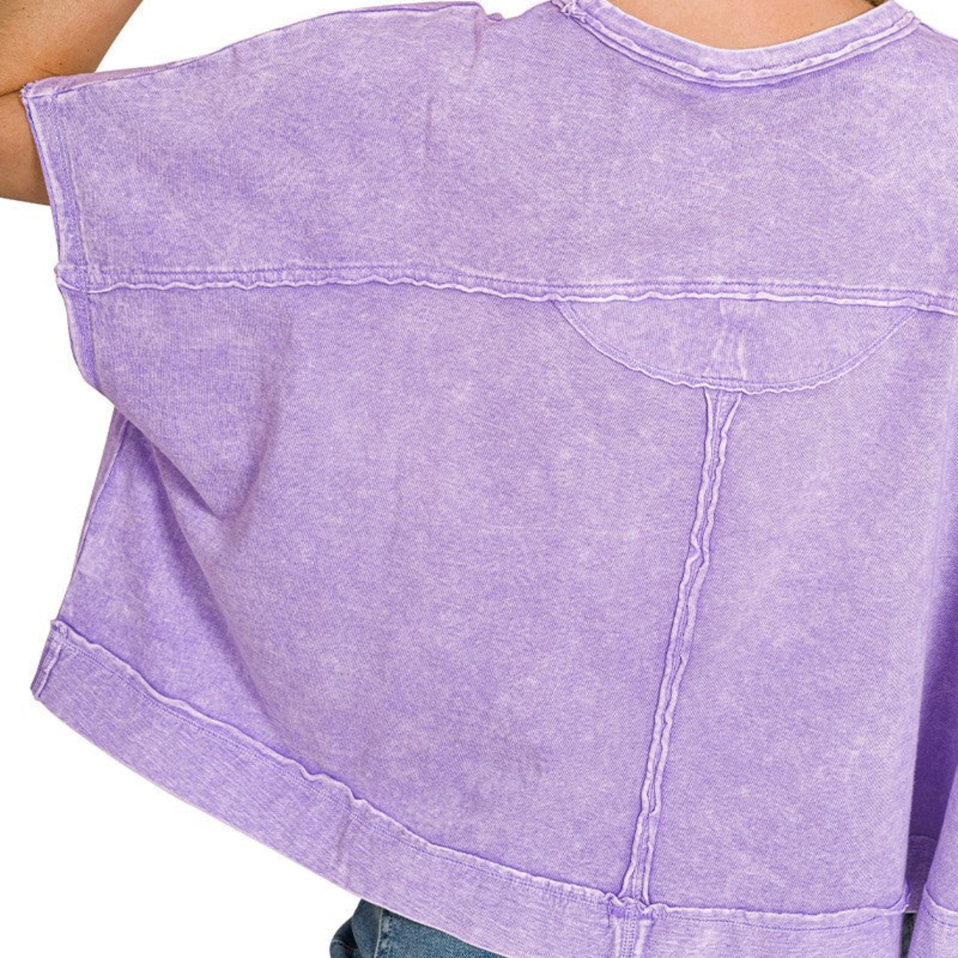 Back view of Zenana halo washed oversized pocket top violet relaxed boutique tee