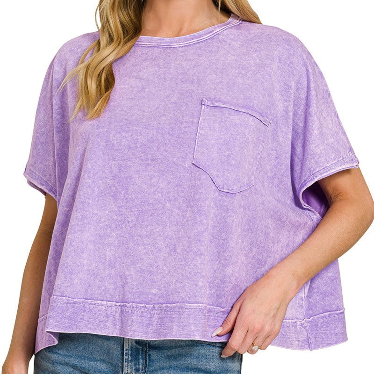Zenana halo washed oversized pocket top violet front view relaxed boutique casual tee