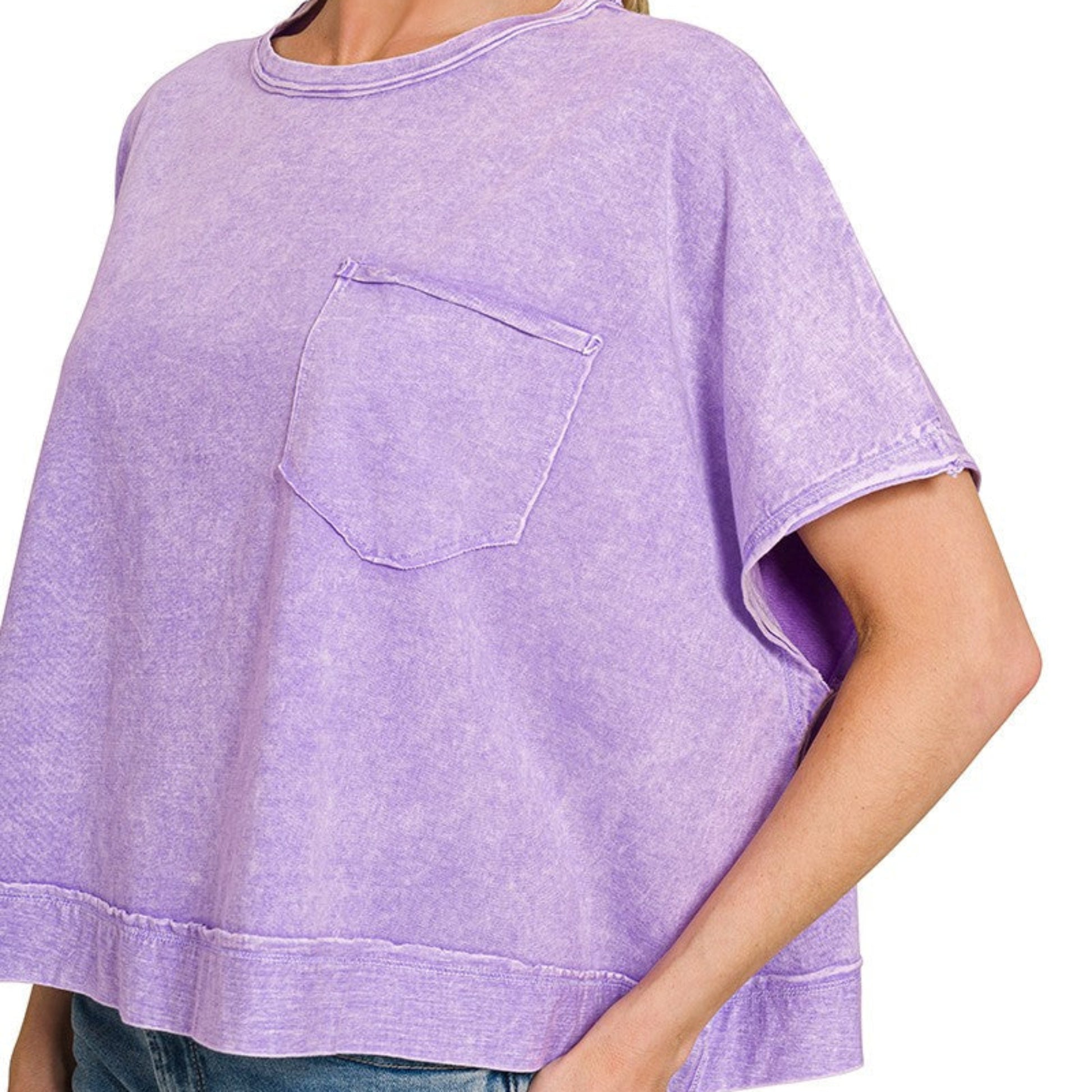 Model wearing Zenana halo washed oversized pocket top violet casual boutique outfit