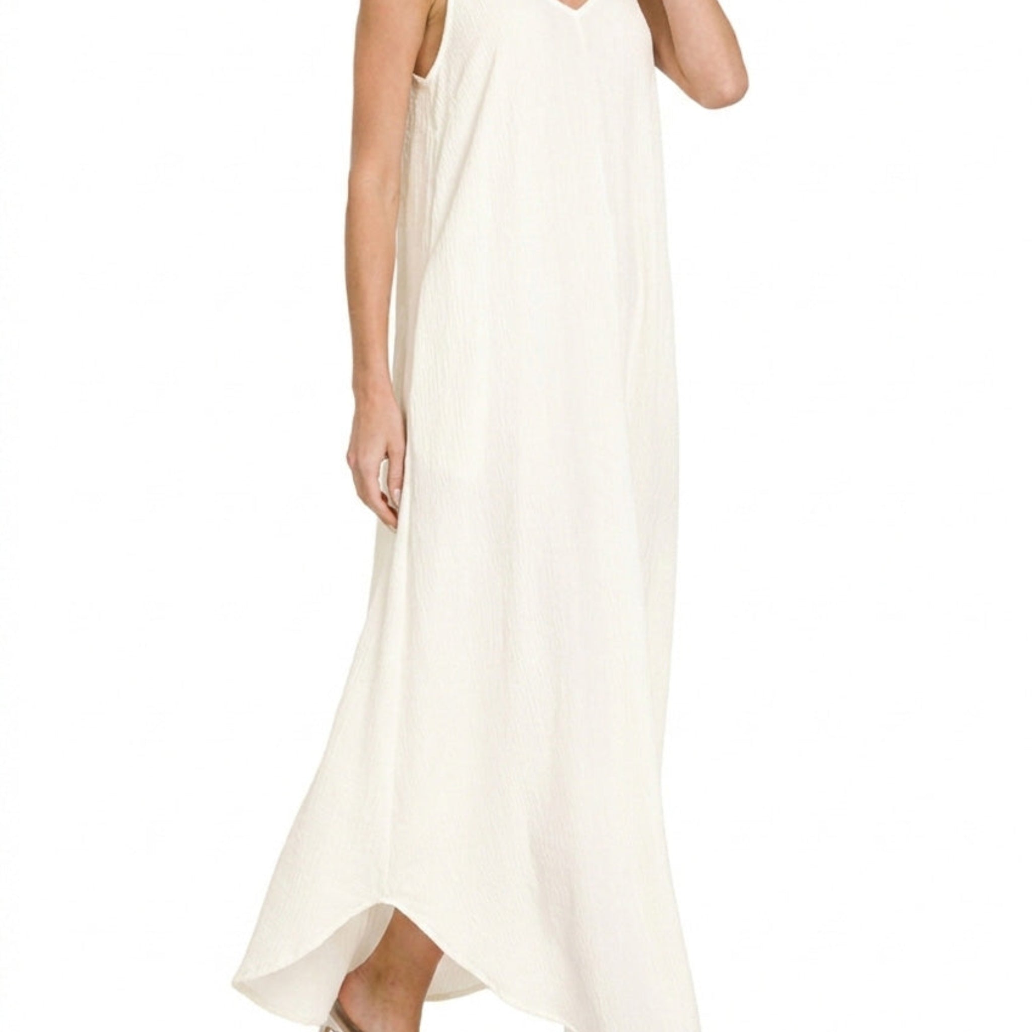 zenana maxi dresses Zenana Woven Crinkle Cami Maxi Dress with Side Pockets IVORY / M