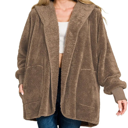 Front view of the Zenana Hooded Faux Fur Jacket in Mocha showing the plush texture.