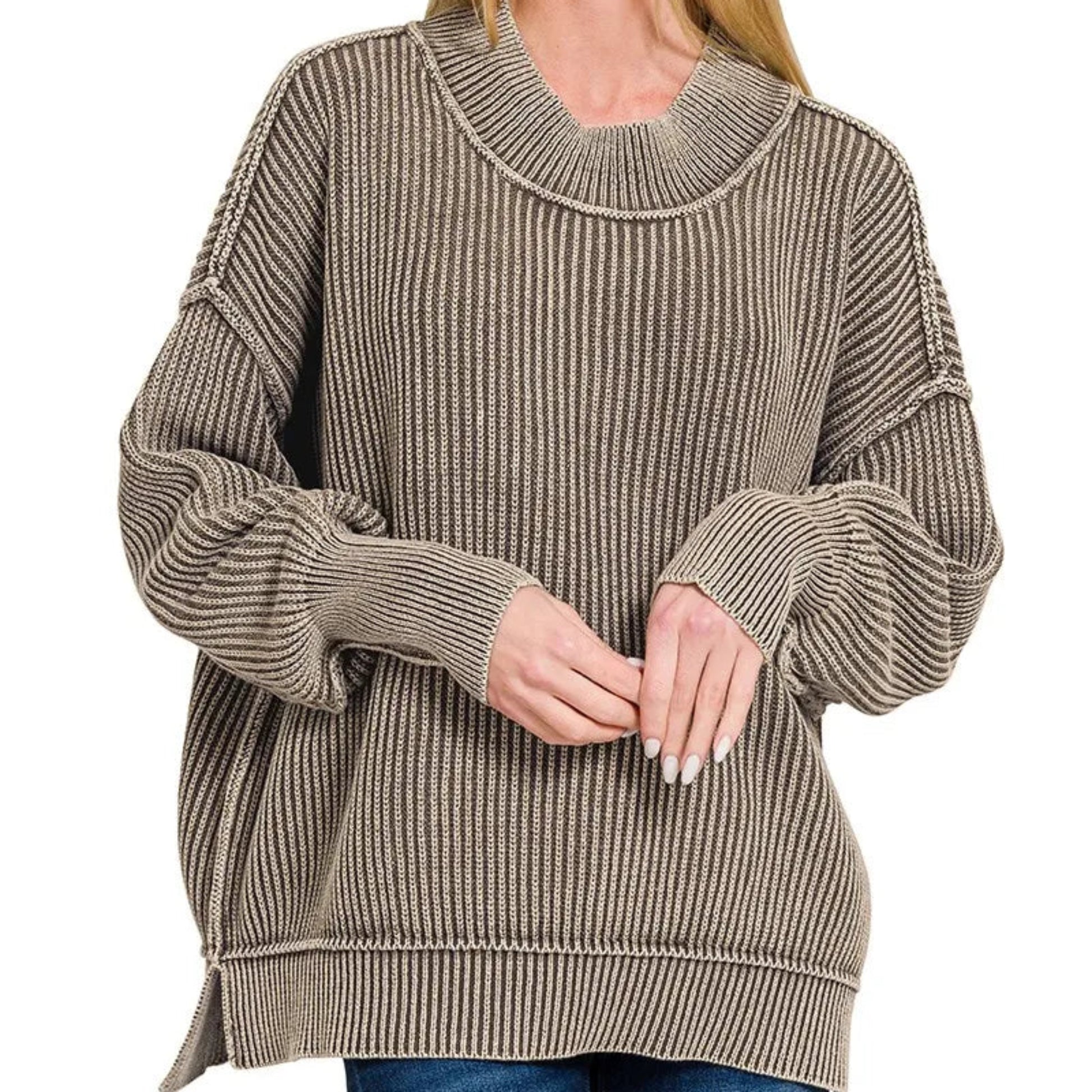 Model wearing the Zenana mocha washed oversized sweater for a cozy coastal morning.