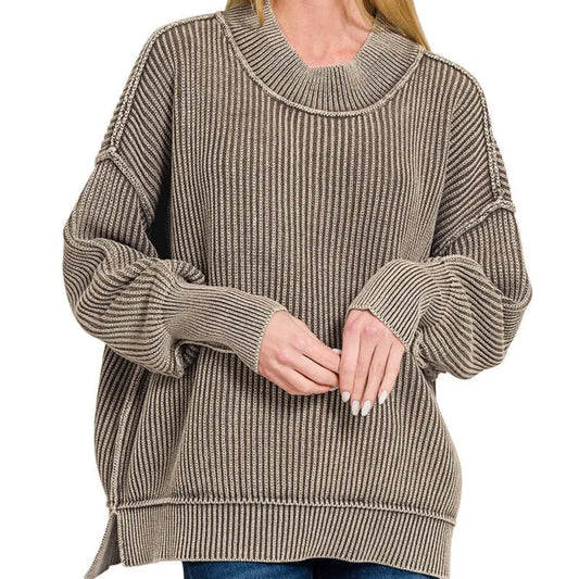 Model wearing the Zenana mocha washed oversized sweater for a cozy coastal morning.