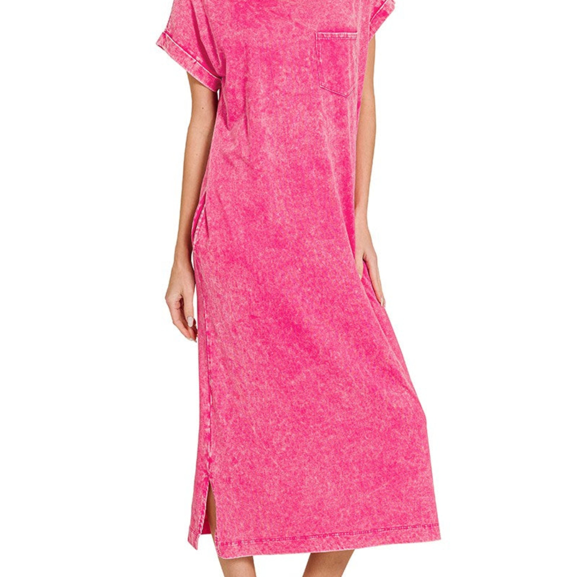 Side view highlighting the functional pockets and side slit on the washed hot pink dress.