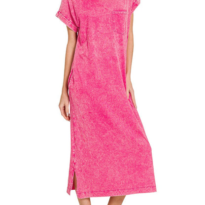 Side view highlighting the functional pockets and side slit on the washed hot pink dress.