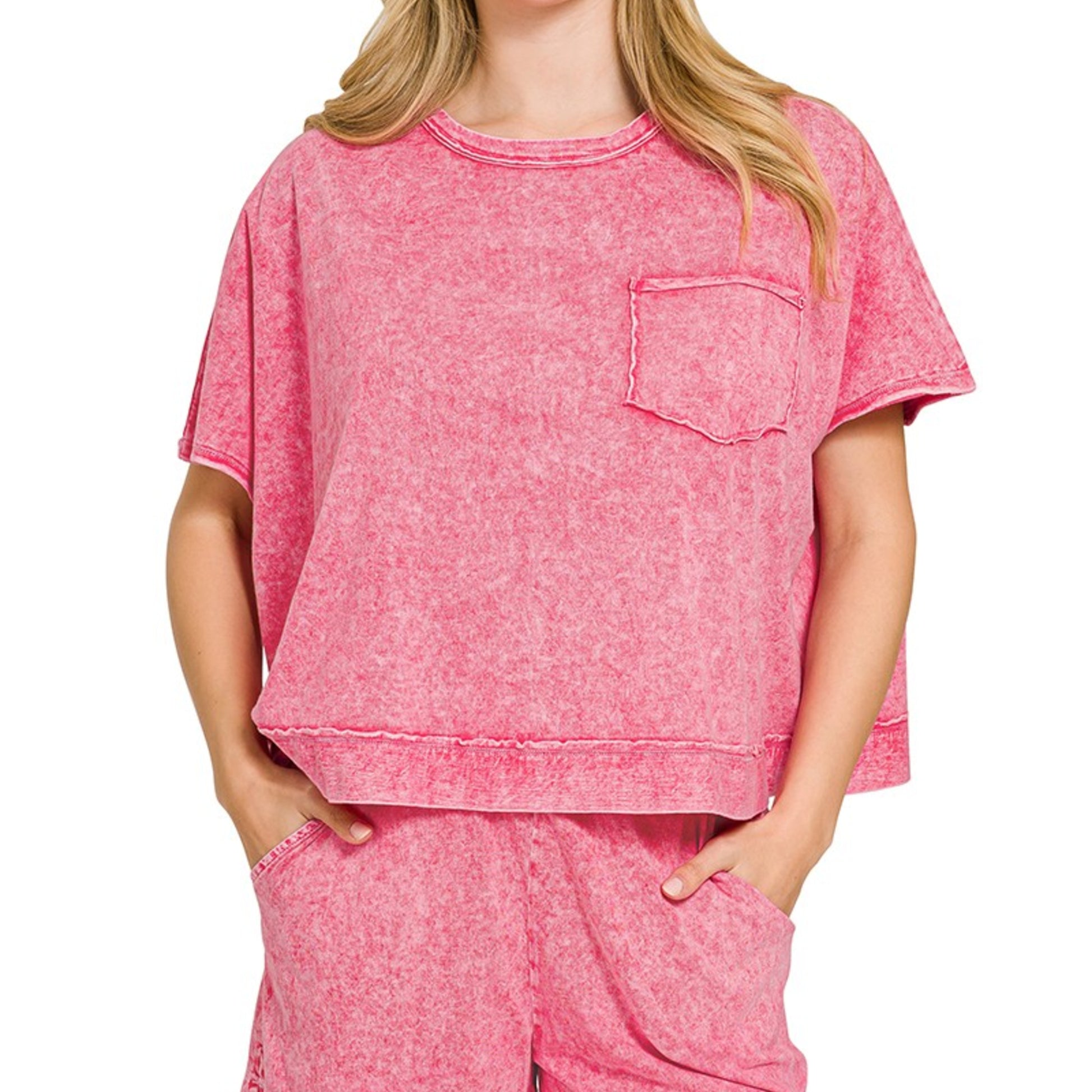 Front view of Zenana Halo Snow Washed Boxy Top and Shorts Set in Red.