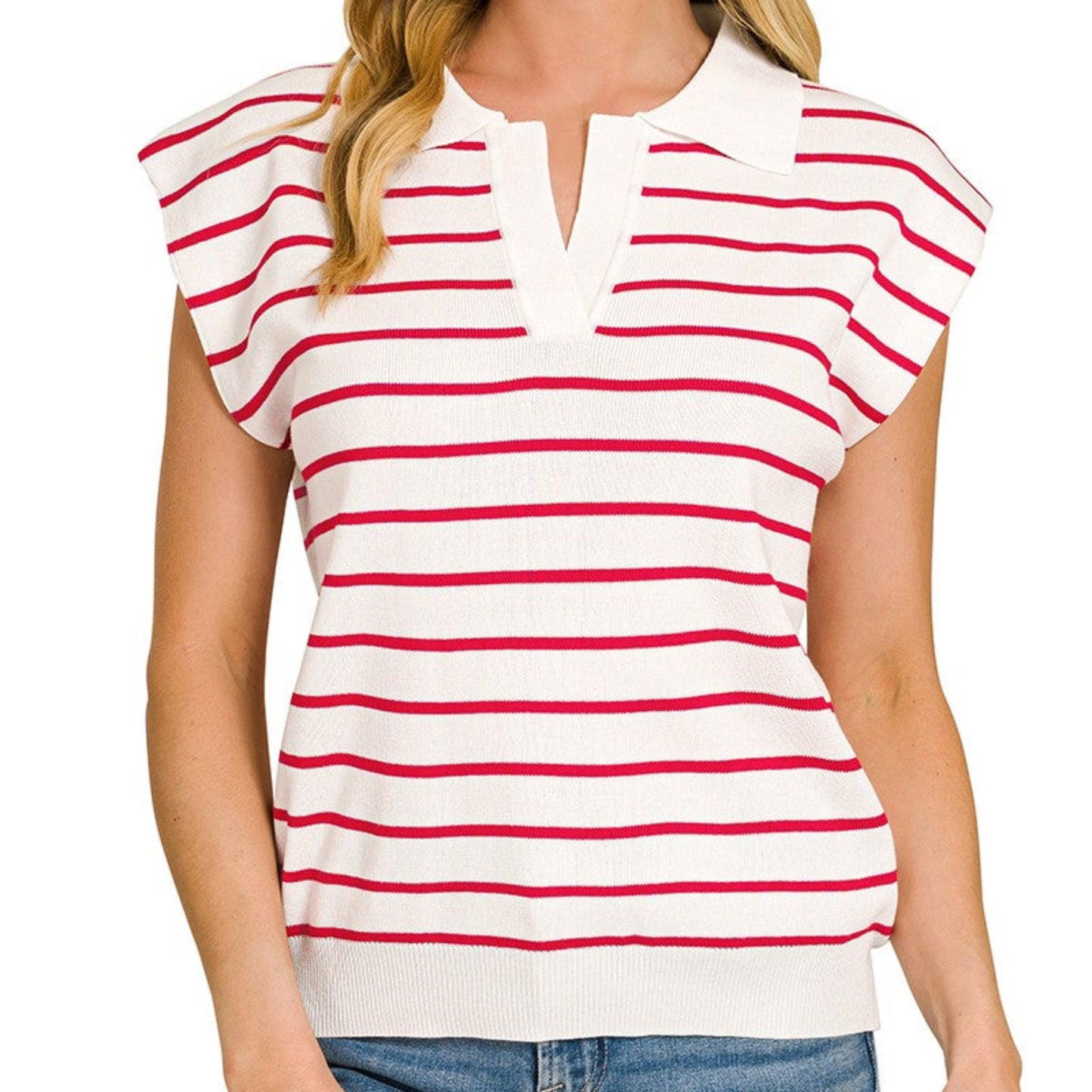 Front view of the Zenana Viscose Striped Collared Sweater Vest in Ruby/Ivory.
