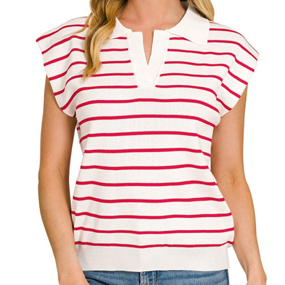 Front view of the Zenana Viscose Striped Collared Sweater Vest in Ruby/Ivory.