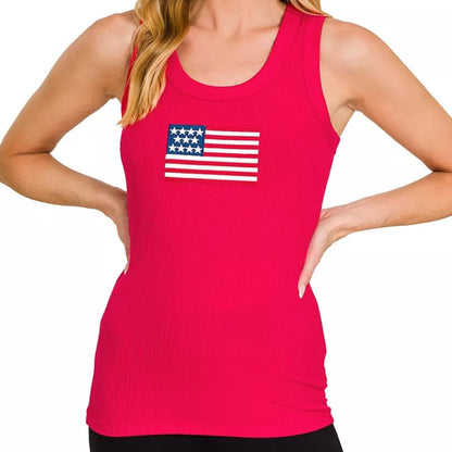 Front view of the Zenana Ribbed American Flag Scoop Neck Tank Top in Ruby.