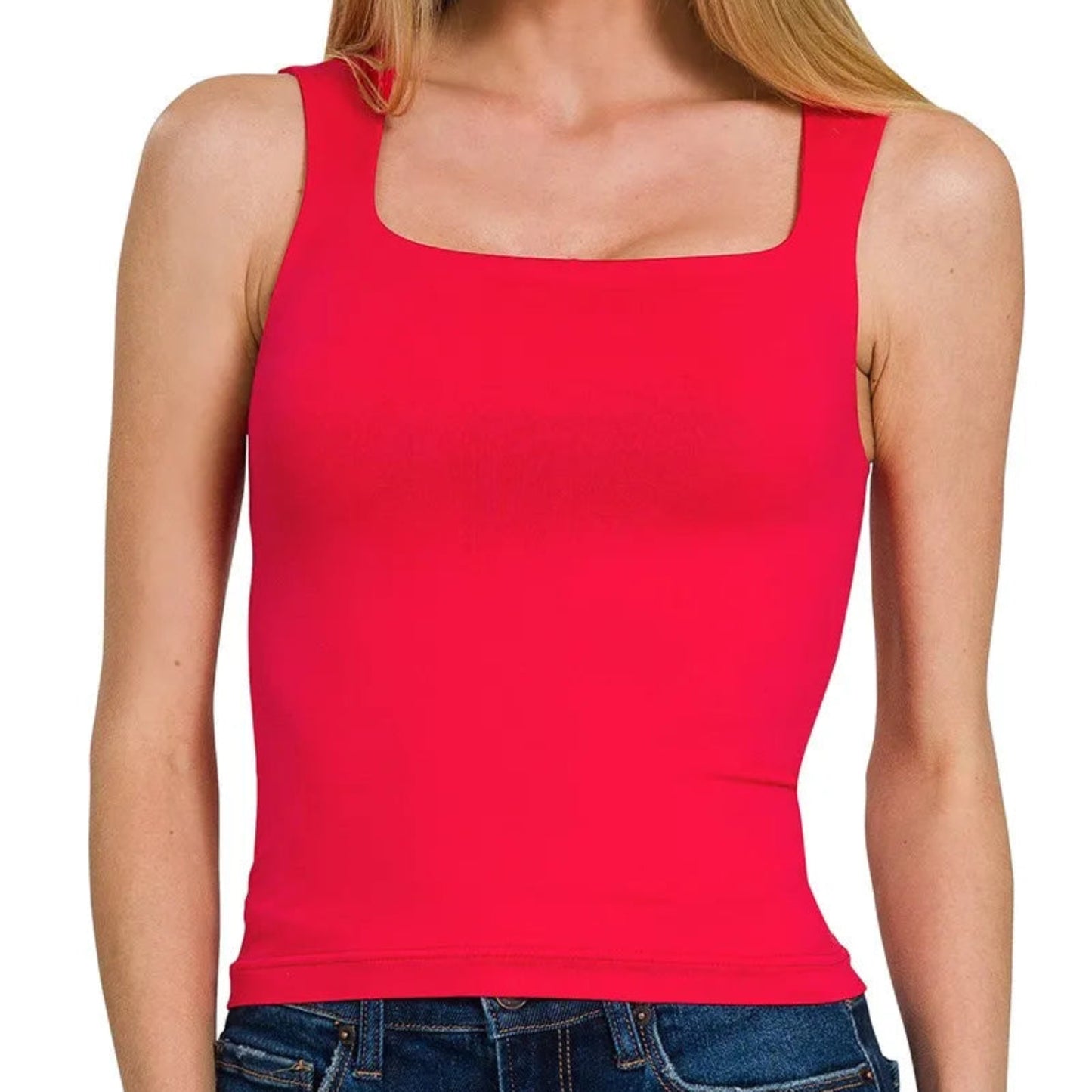 Front view of the Zenana Seamless Double Layered Square Neck Tank Top in Ruby.