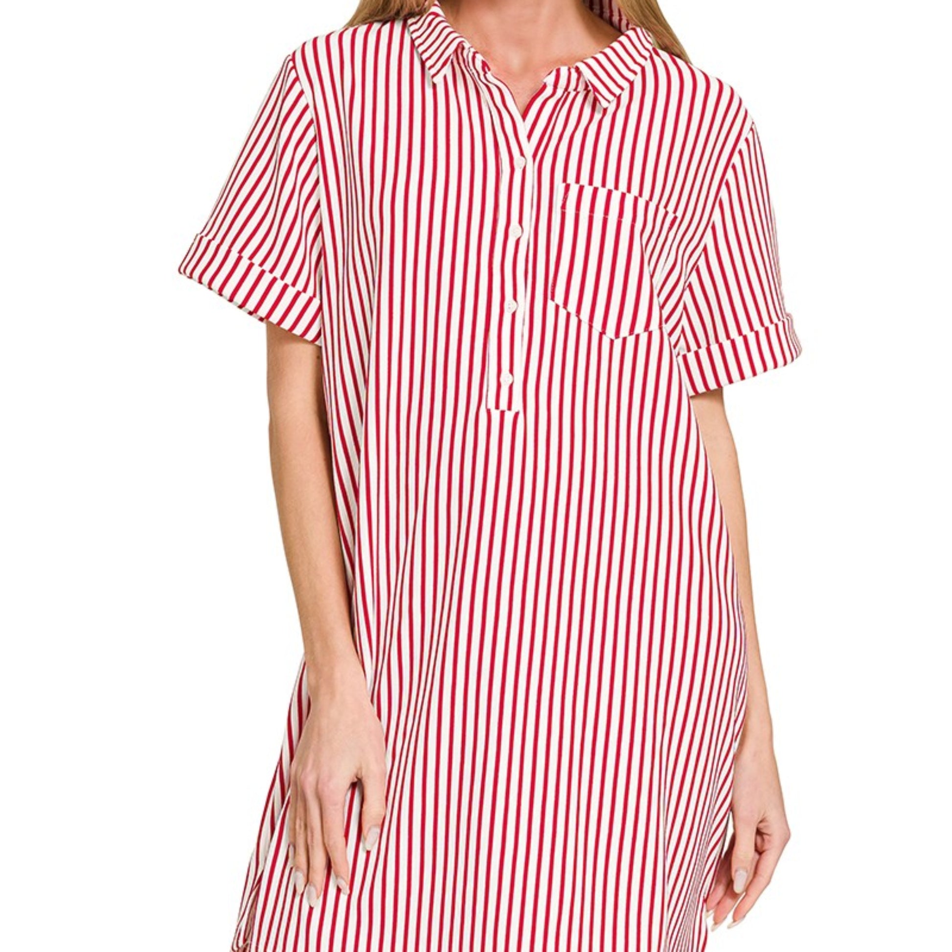 Front view of the Zenana Stripe Collared Half Button-Up T-Shirt Dress in Ruby Red.