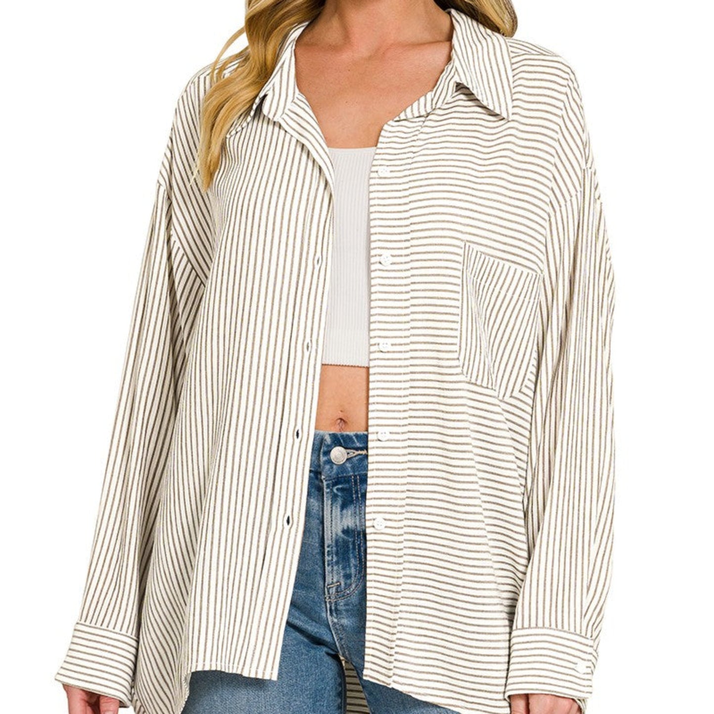 A professional boutique display of the taupe striped button-down shirt on a minimalist hanger.
