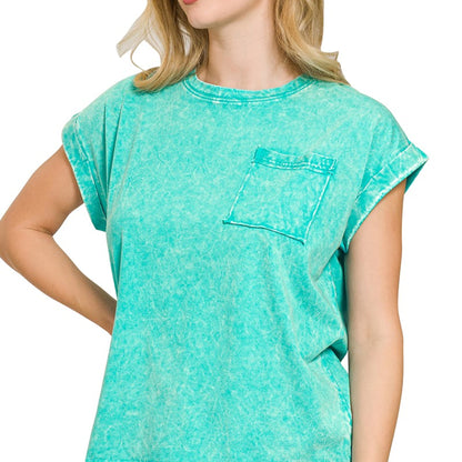Front view of Zenana Crinkle Washed Folded Sleeve Tee in Turquoise.