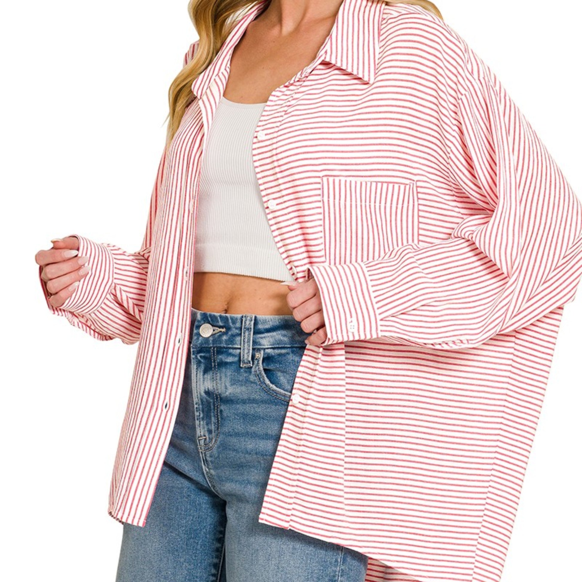 Front view of the red striped shirt styled as a sophisticated and timeless wardrobe staple.