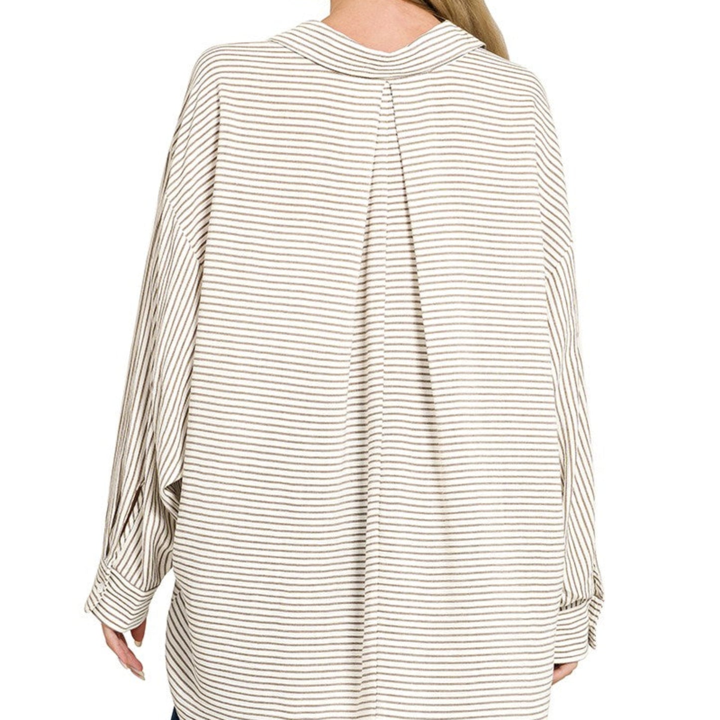 Rear view of the striped woven shirt highlighting the clean lines and soft drape.