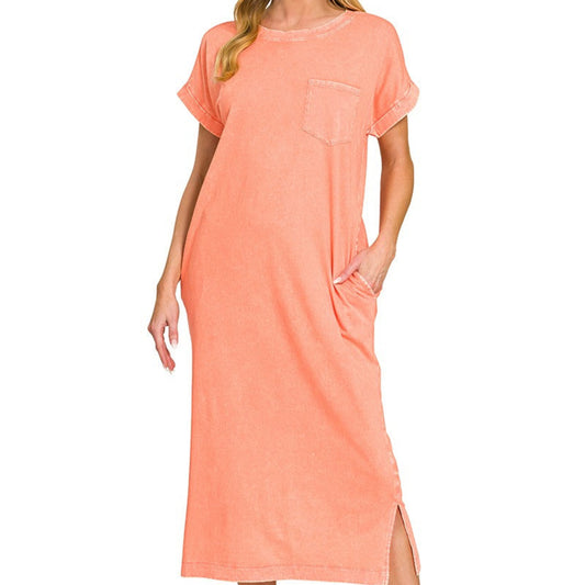 Model wearing the Zenana washed coral T-shirt dress for a bright coastal morning reset.