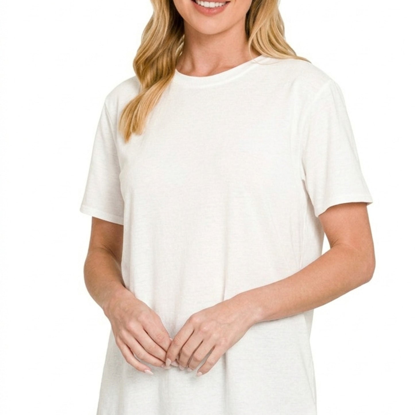 Front view of Zenana White 100% Cotton Boyfriend Round Neck Tee.